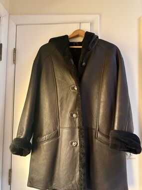 Black Shearling-Lined Leather Coat with Hood